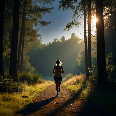 Woman running on forest trail at sunset