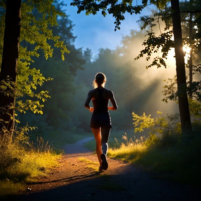 Woman running on forest path at sunrise