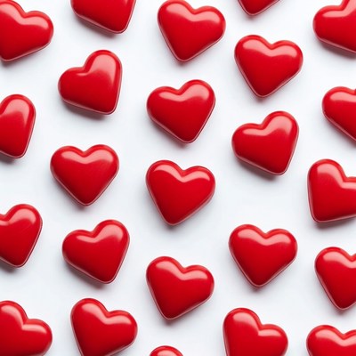 Red hearts scattered on white background