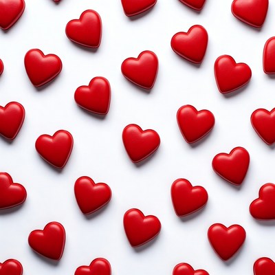 Red hearts scattered on white background