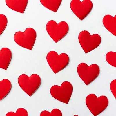 Red hearts scattered on white background