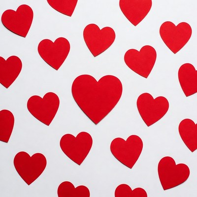 Red paper hearts scattered on white