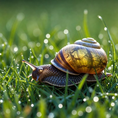 Snail crawling on dewy grass