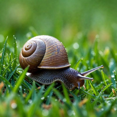 Snail crawling on wet grass