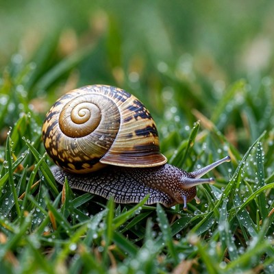 Snail on dewy grass