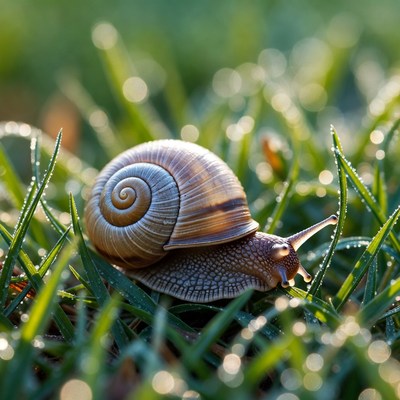 Snail on dewy grass