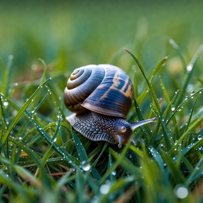 Snail on dewy grass