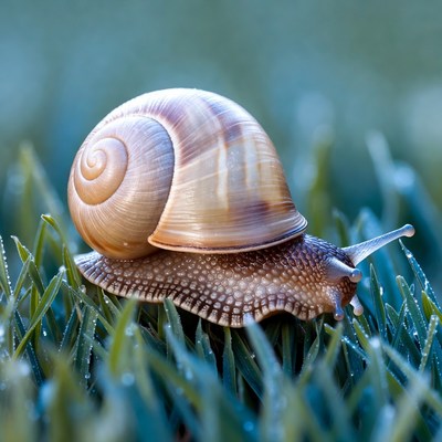 Snail on dewy grass