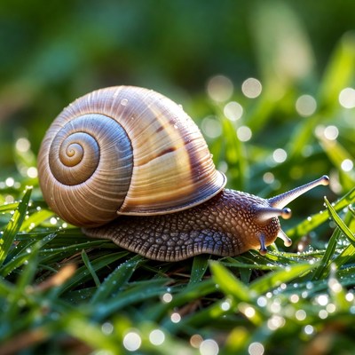 Snail on dewy grass