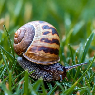 Snail crawling on green grass