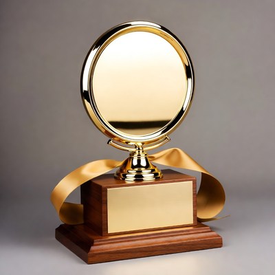 Gold Trophy with Ribbon on Wood Base