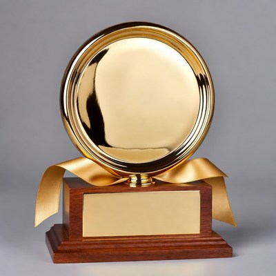 Gold Trophy with Ribbon on Wooden Base