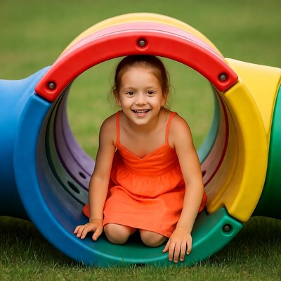 Girl smiling through colorful play tunnel