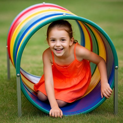 Girl crawling through colorful tunnel