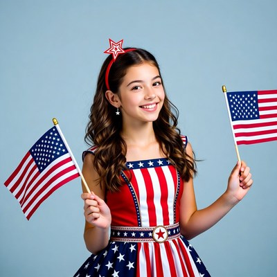 Girl holding American flags in patriotic dress
