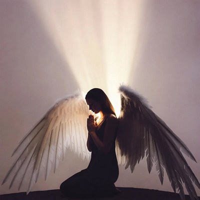 Woman praying with angel wings