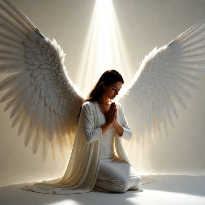 Woman angel praying with wings