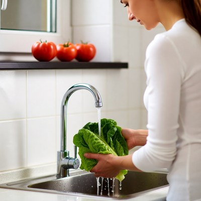 Asian woman washing lettuce sink