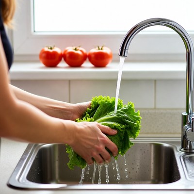 Woman washing lettuce under faucet