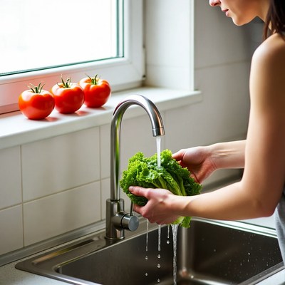 Woman washing lettuce in kitchen sink
