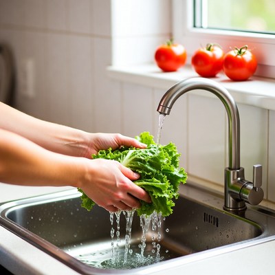 Woman Washing Lettuce Under Kitchen Faucet