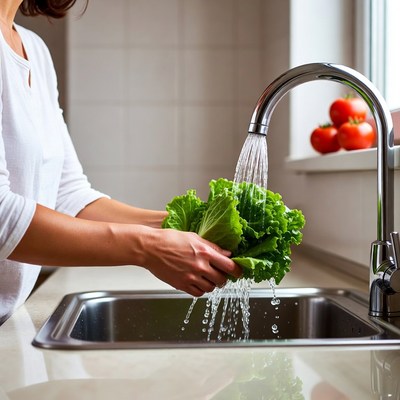 Woman washing lettuce under faucet