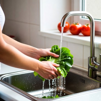 Woman washing lettuce in kitchen sink