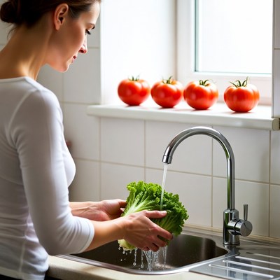 Woman washing lettuce in kitchen sink