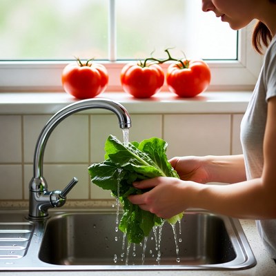 Woman washing lettuce under faucet