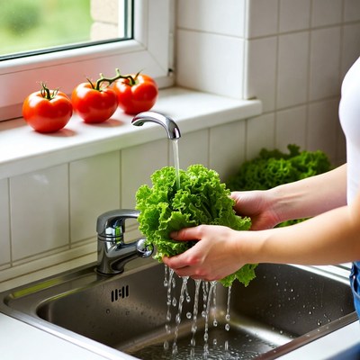 Woman washing lettuce in kitchen sink