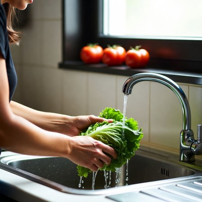 Woman washing lettuce in kitchen sink