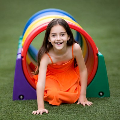 Girl crawling through colorful tunnel