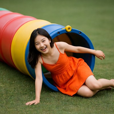 Asian girl laughing in colorful tunnel
