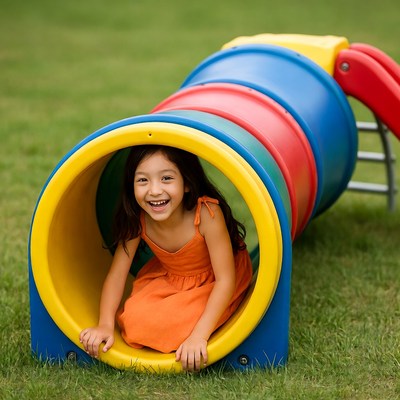 Asian girl emerging from colorful playground tunnel