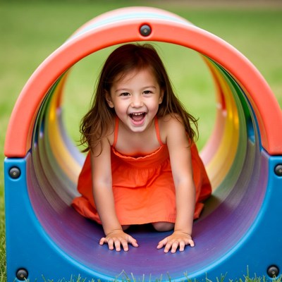 Girl smiling in colorful playground tunnel