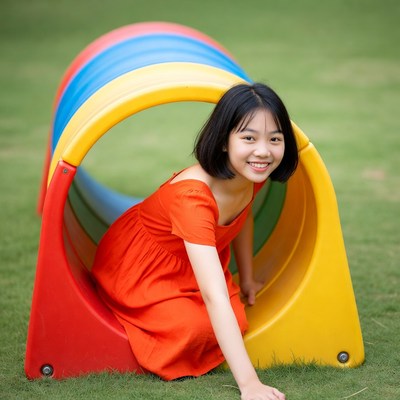 Asian girl crawling through colorful tunnel