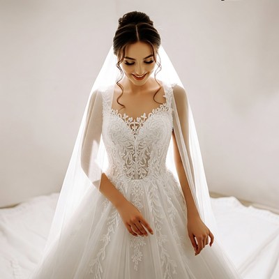 Bride in lace wedding gown with veil