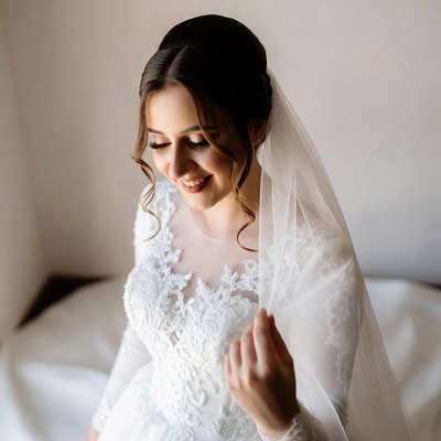 Bride smiling in lace wedding gown