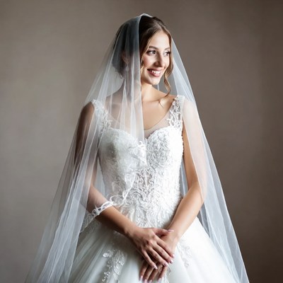 Bride in lace wedding gown with veil