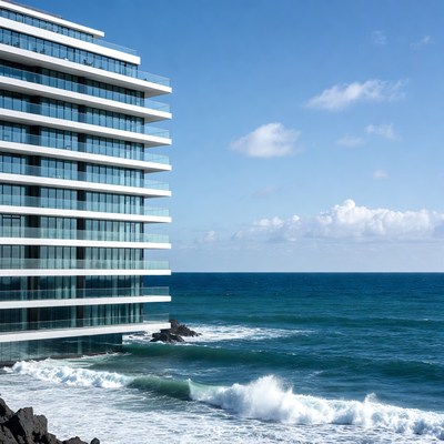 Modern white high-rise by ocean waves