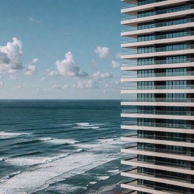 Tall Skyscraper Overlooking Ocean Waves