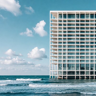 White High-Rise Building on Ocean Edge