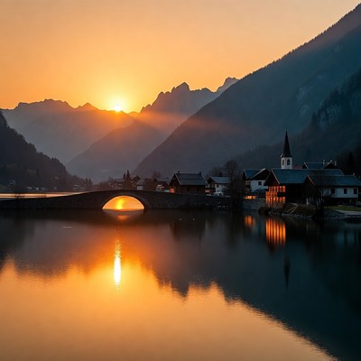 Sunset over alpine village bridge lake
