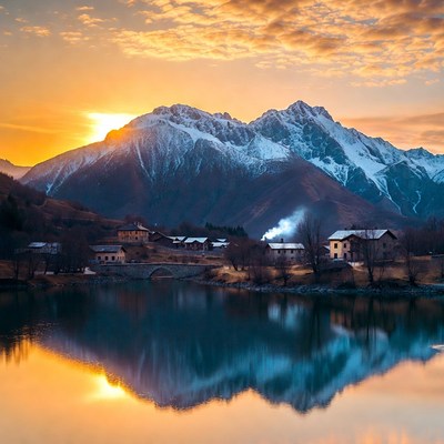 Sunset over snowy mountains and village