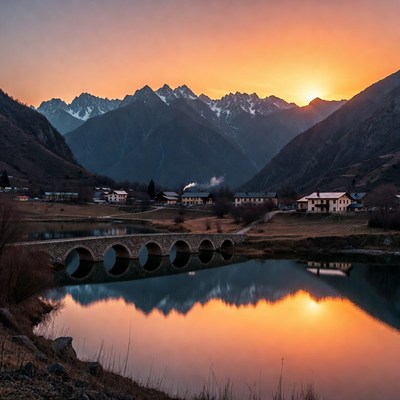 Sunset over stone bridge and mountains