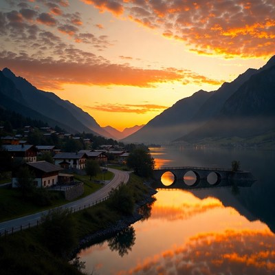 Sunset over alpine village and lake