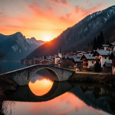 Stone Bridge over Lake at Sunset