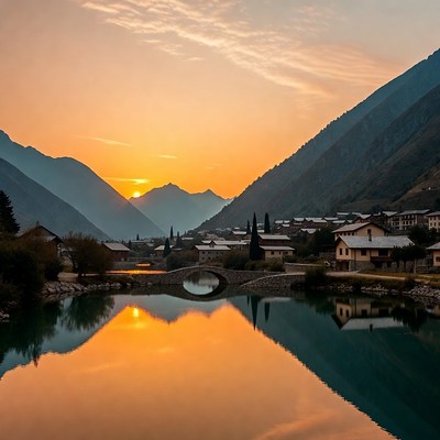 Sunset over mountain village bridge