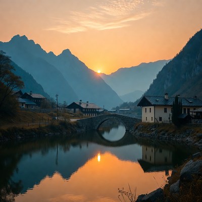 Stone Bridge over River at Sunset Mountains