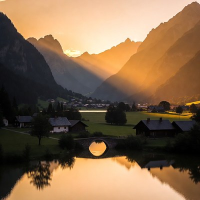 Alpine Village Sunset with Arched Bridge